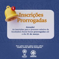 A Agitec prorrogou até 31 de março as inscrições para a Incubadora Social, que apoia ONGs e entidades sem fins lucrativos no desenvolvimento de estratégias de gestão e inovação social. As aulas serão online, e os projetos selecionados terão acesso a suporte metodológico, administrativo e legal.