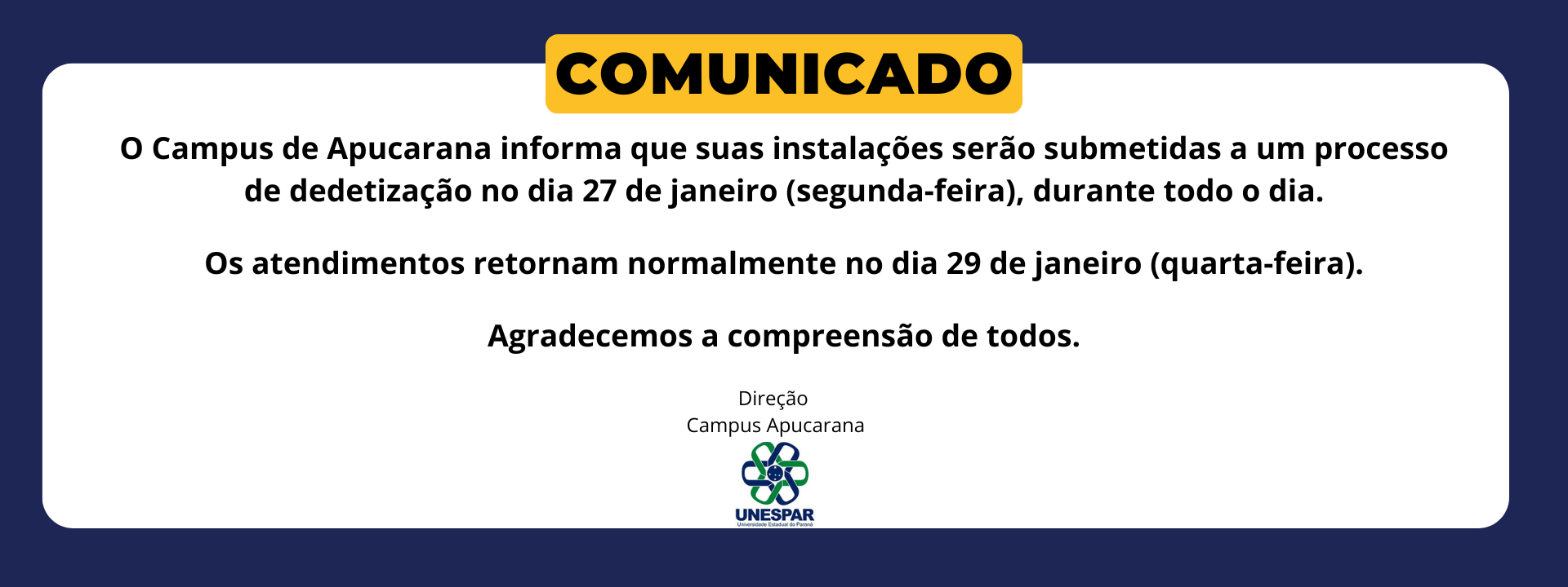 Comunicado - Dedetização do Campus de Apucarana