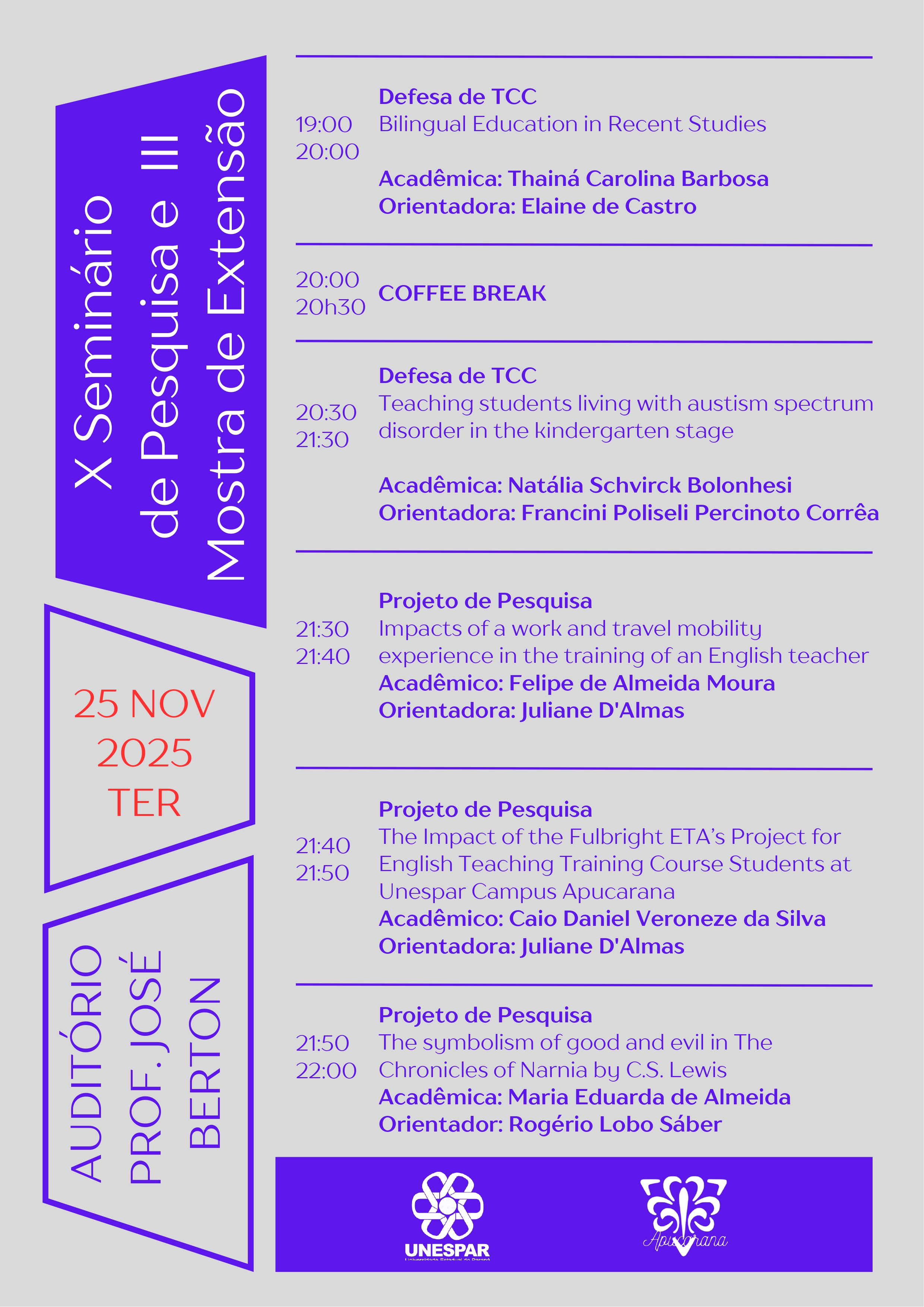 Curso de Letras-Inglês da Unespar Apucarana promove X Seminário de Pesquisa e III Mostra de Extensão