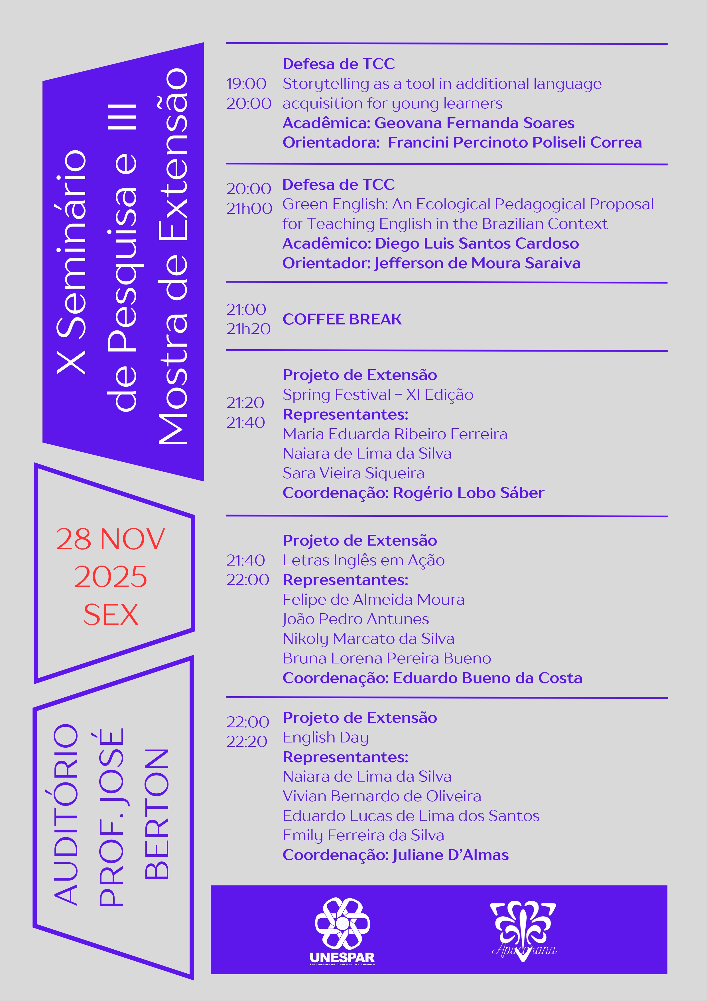 Curso de Letras-Inglês da Unespar Apucarana promove X Seminário de Pesquisa e III Mostra de Extensão