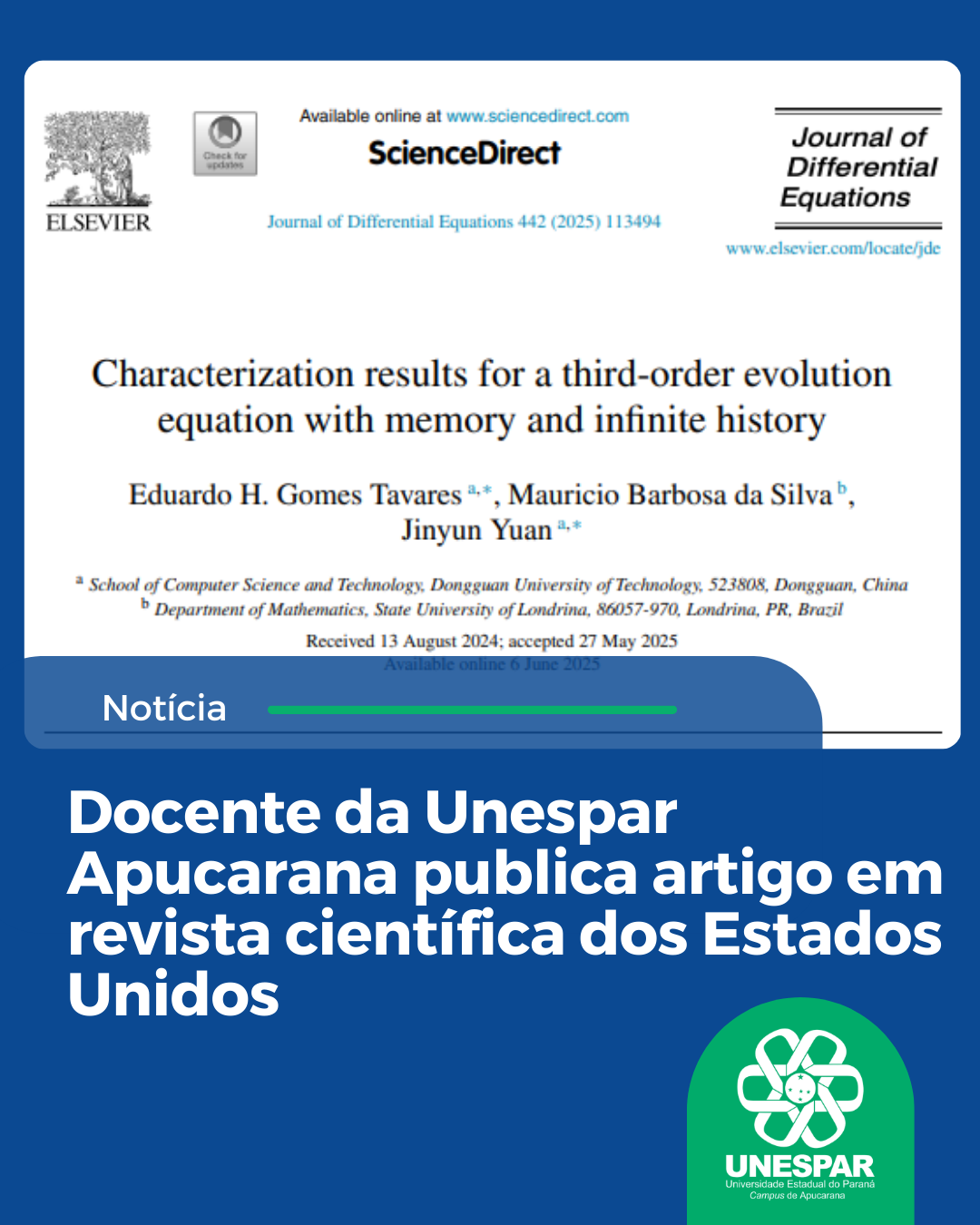 Docente da Unespar Apucarana publica artigo em revista científica dos Estados Unidos