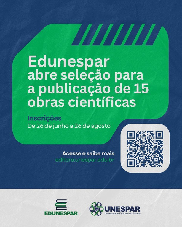 Inscrições abertas até 26 de agosto para seleção de 15 obras científicas a serem publicadas pela Edunespar, com formato e-book e impresso. Podem participar docentes da Unespar, individualmente ou em coautoria com outras IES.