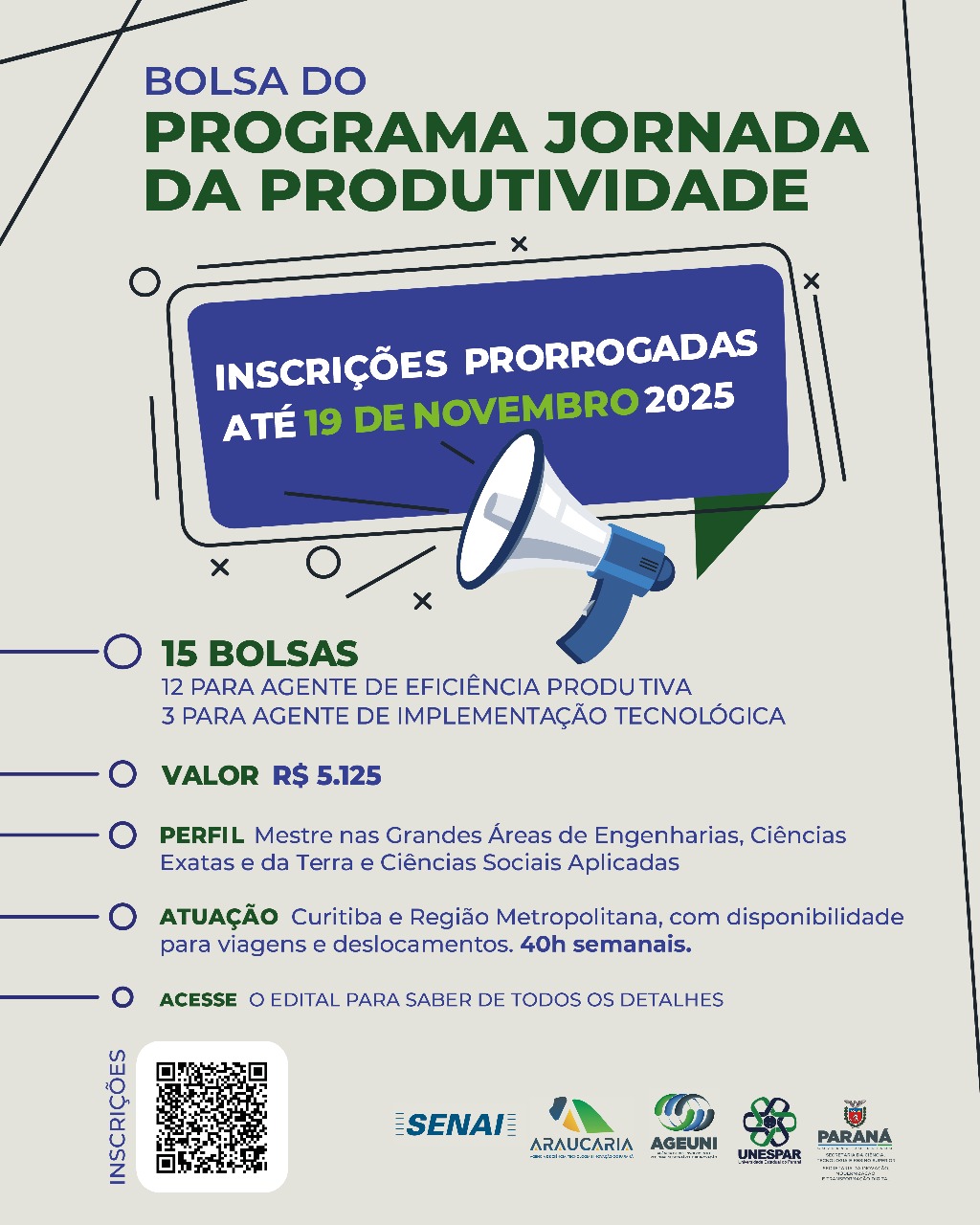 Inscrições prorrogadas para bolsa do Programa Jornada da Produtividade, do Senai, em parceria com a Unespar