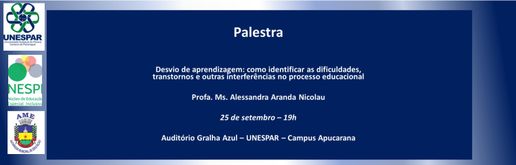Palestra: Desvios da Aprendizagem: Como identificar as Dificuldades, Transtornos e Outras Interferências no Processo Educacional.