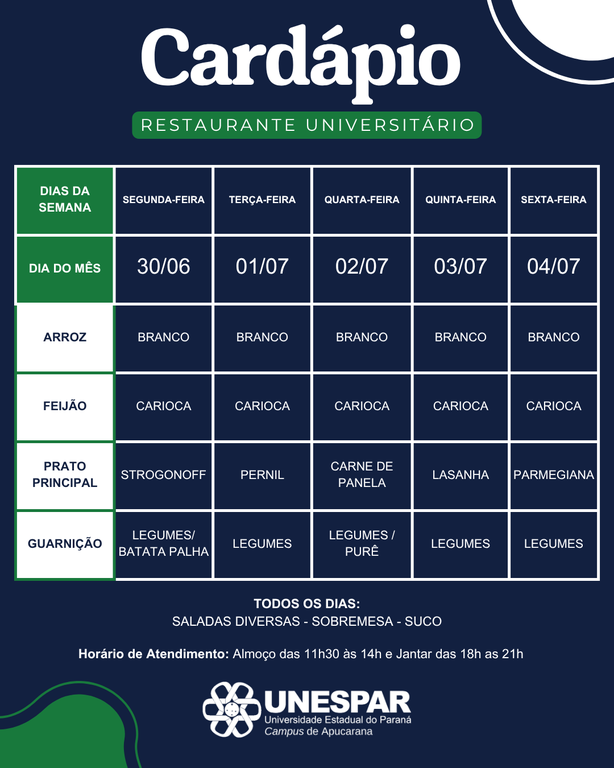 Restaurante Universitário - Cardápio e Horário de Atendimento da Semana