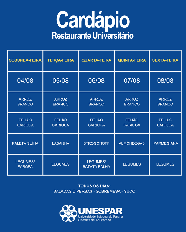 Restaurante Universitário - Cardápio e Horário de Atendimento da Semana