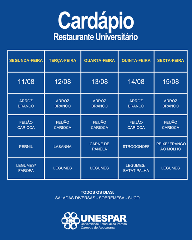 Restaurante Universitário - Cardápio e Horário de Atendimento da Semana