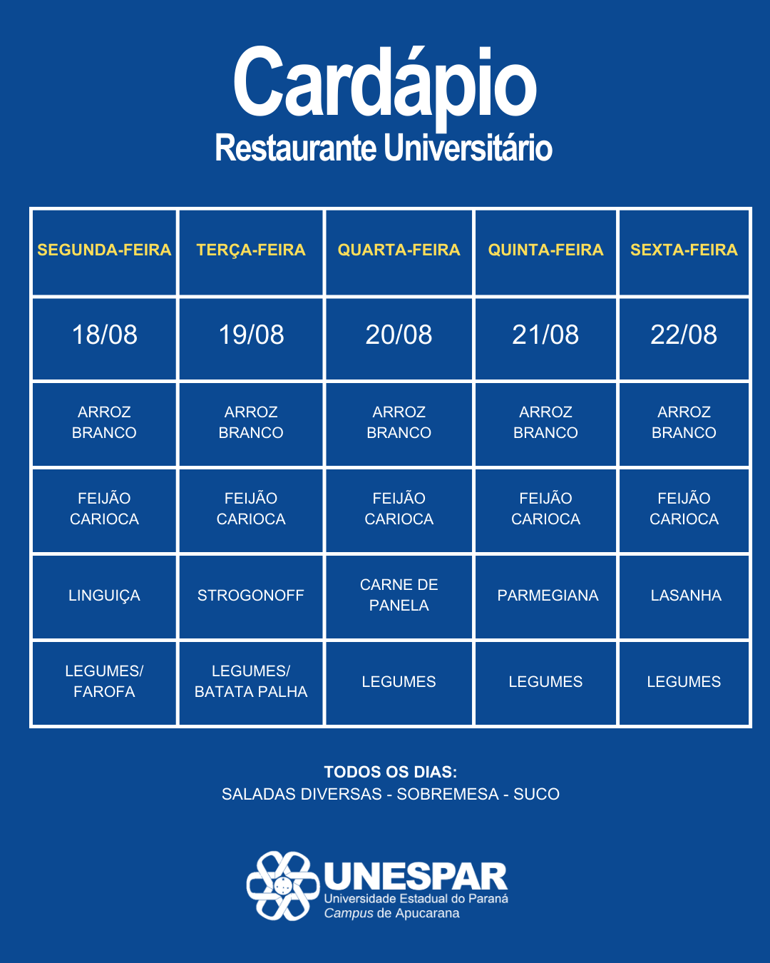 Restaurante Universitário - Cardápio e Horário de Atendimento da Semana
