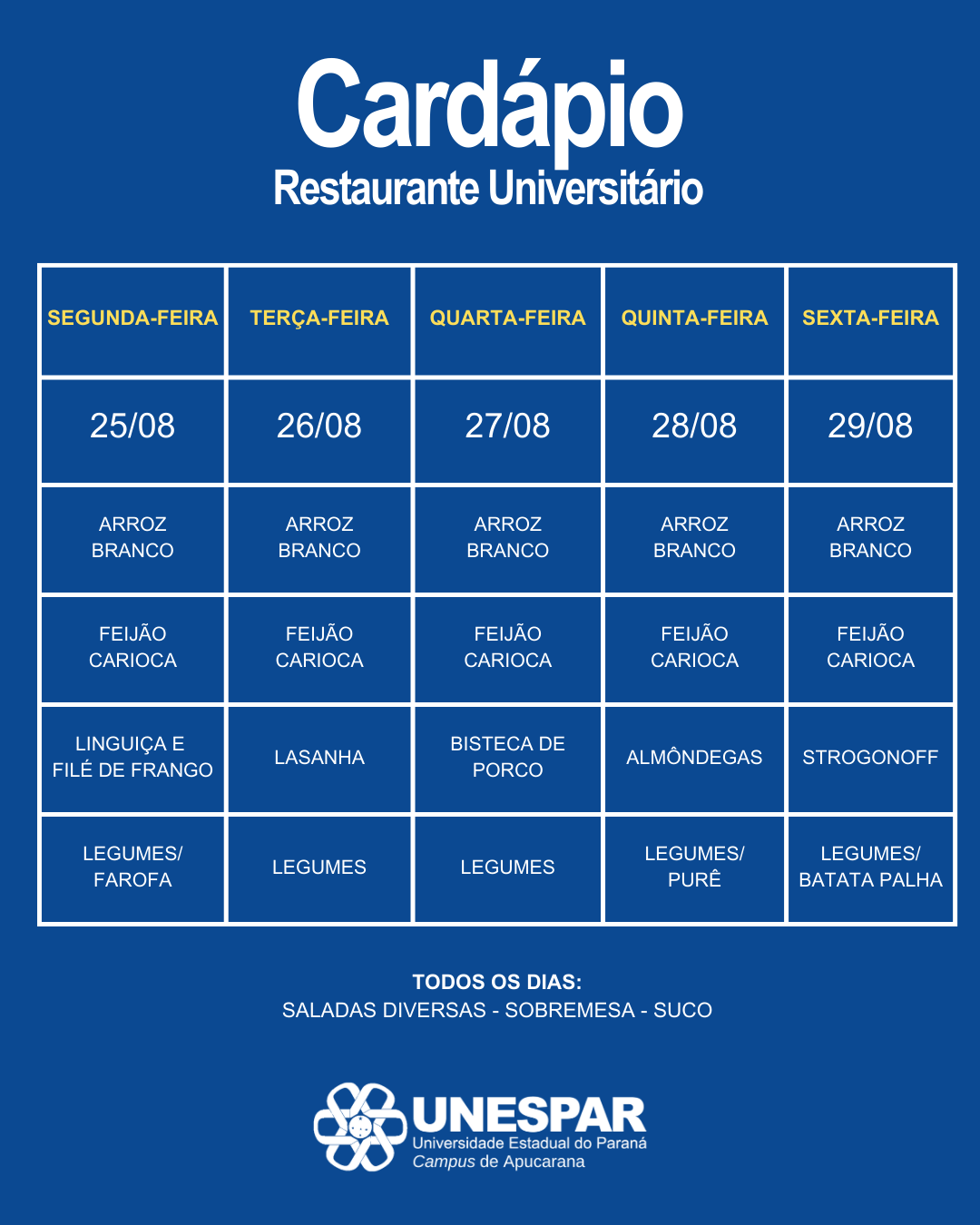 Restaurante Universitário - Cardápio e Horário de Atendimento da Semana