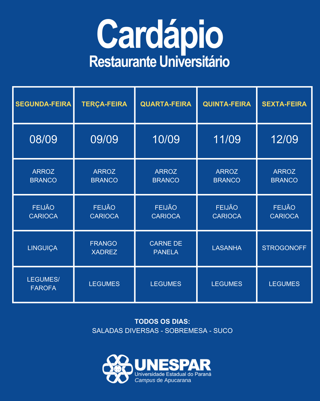 Restaurante Universitário - Cardápio e Horário de Atendimento da Semana