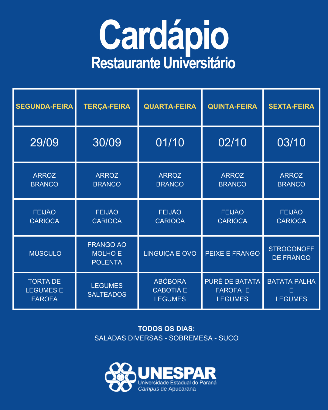 Restaurante Universitário - Cardápio e Horário de Atendimento da Semana