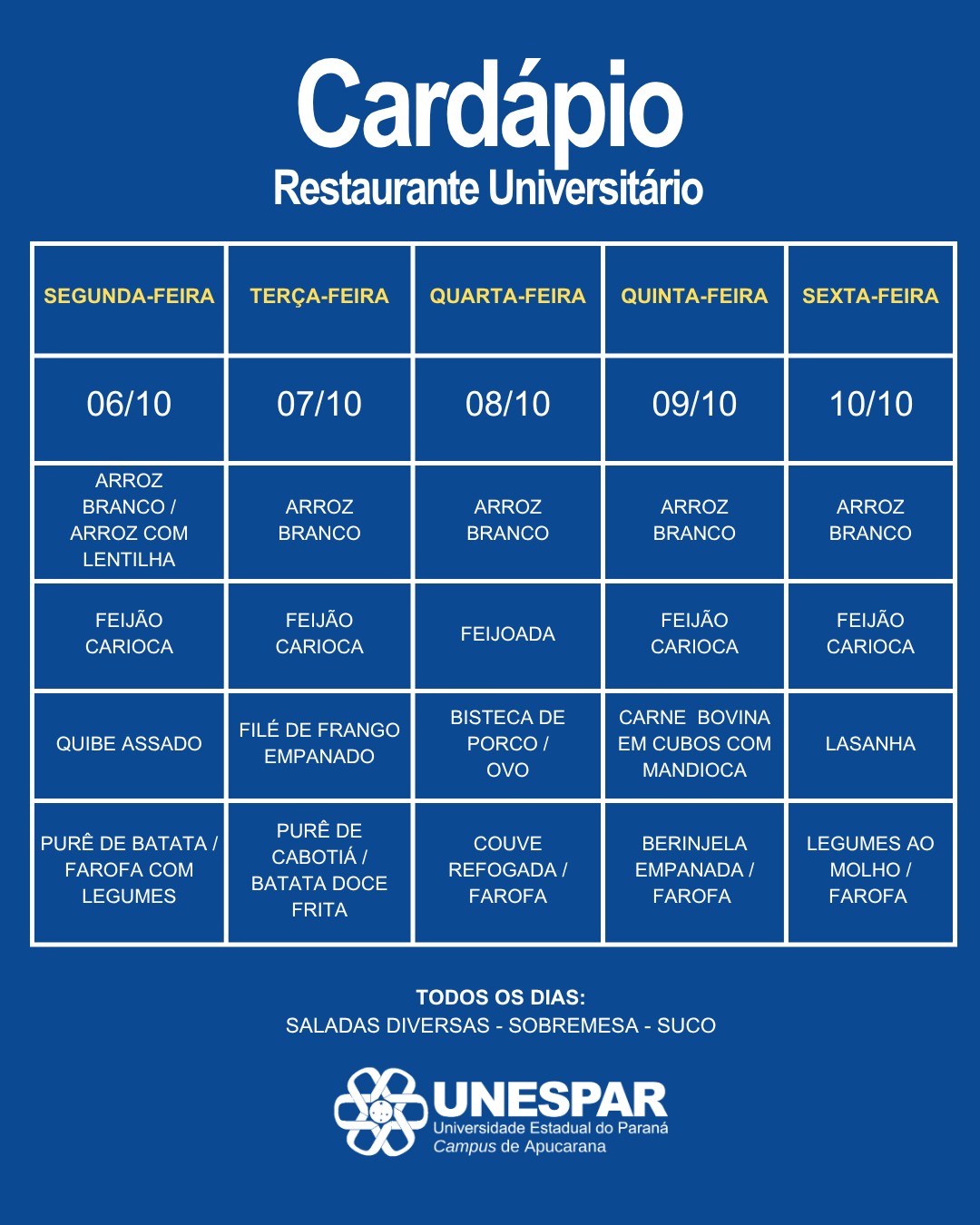 Restaurante Universitário - Cardápio e Horário de Atendimento da Semana