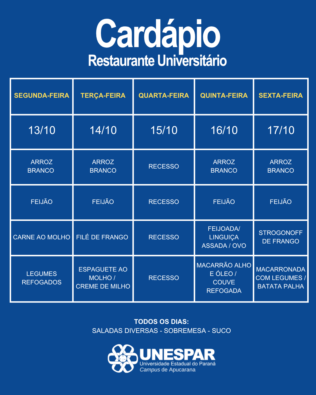 Restaurante Universitário - Cardápio e Horário de Atendimento da Semana