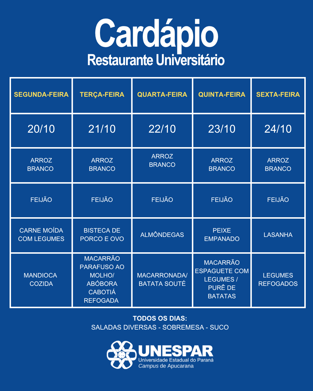 Restaurante Universitário - Cardápio e Horário de Atendimento da Semana