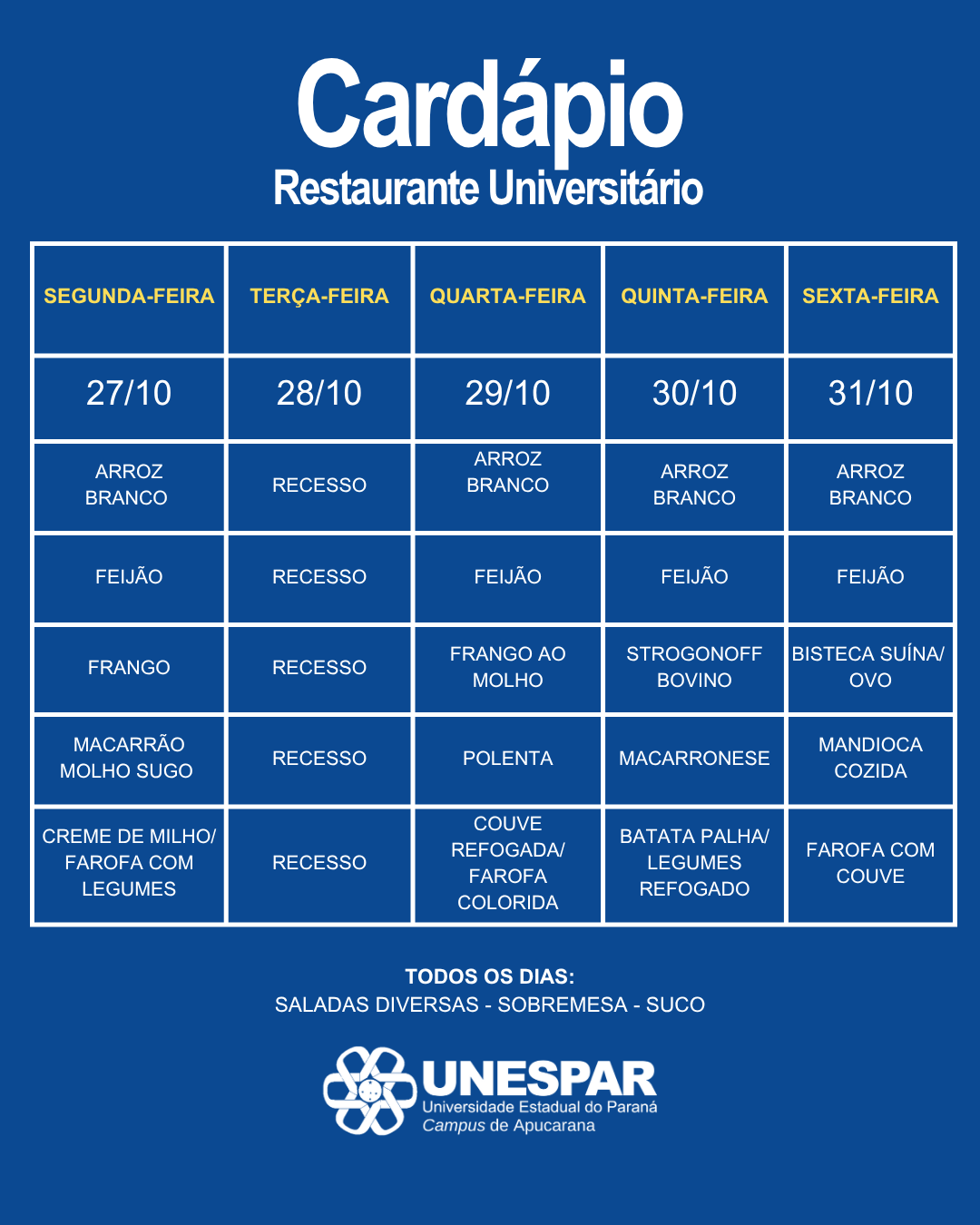 Restaurante Universitário - Cardápio e Horário de Atendimento da Semana