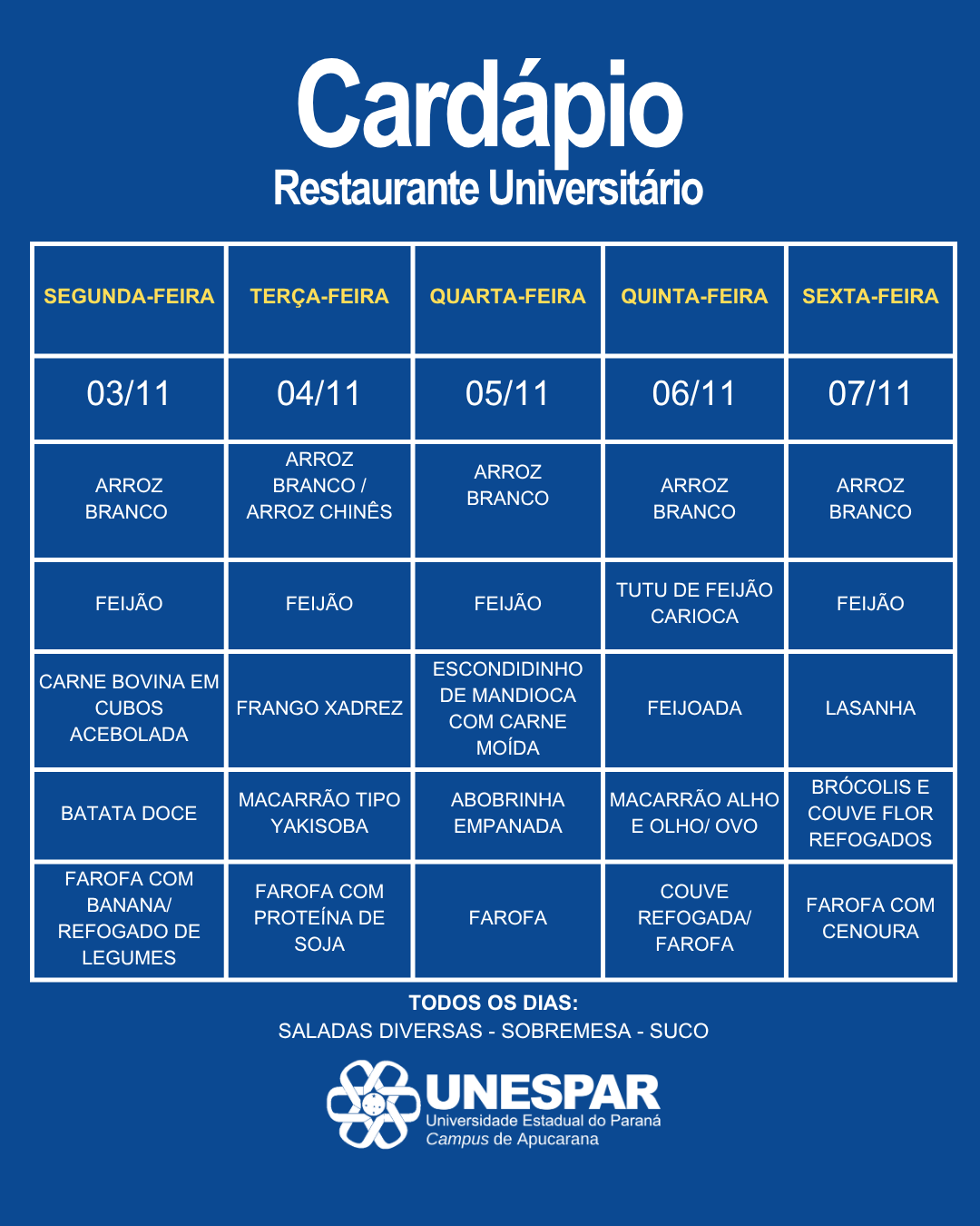 Restaurante Universitário - Cardápio e Horário de Atendimento da Semana