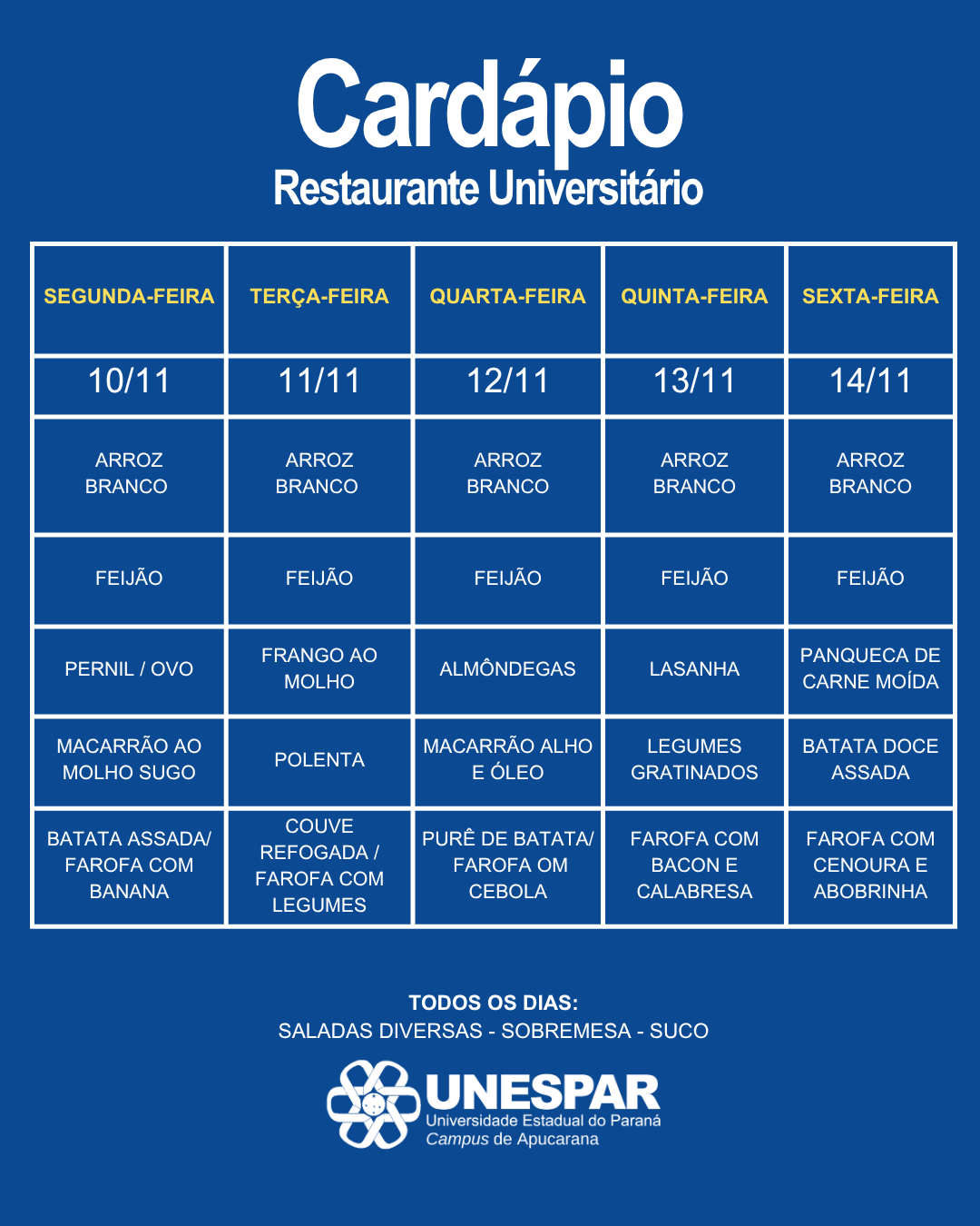 Restaurante Universitário - Cardápio e Horário de Atendimento da Semana
