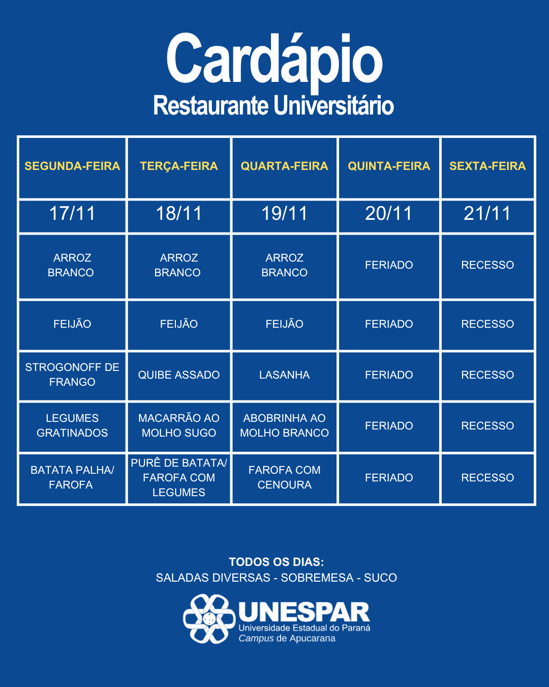 Restaurante Universitário - Cardápio e Horário de Atendimento da Semana