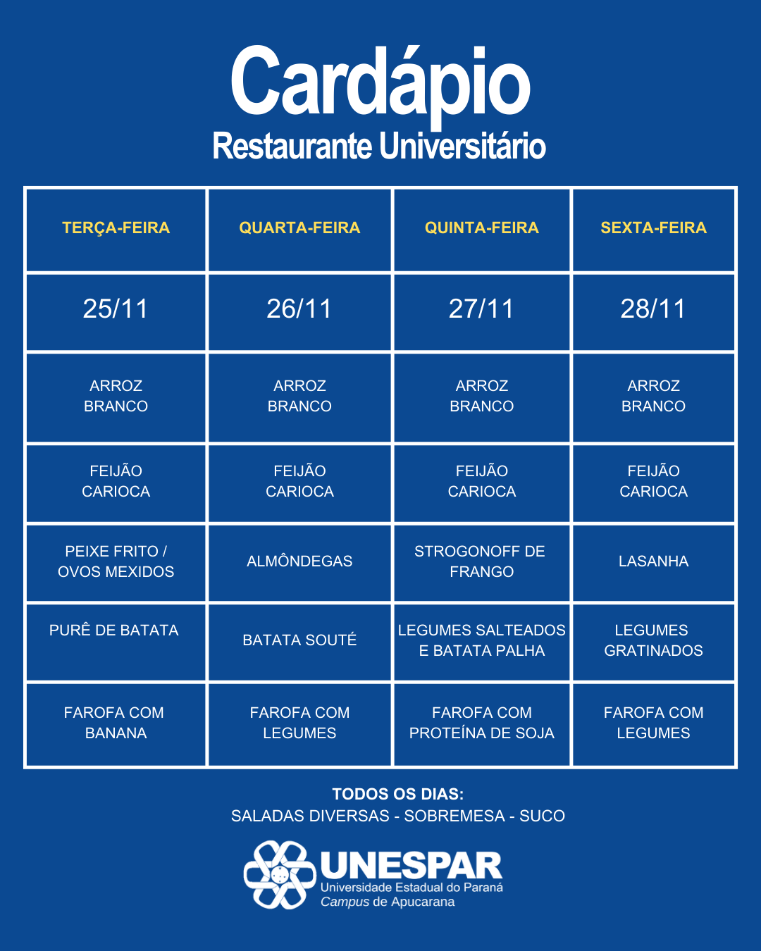 Restaurante Universitário - Cardápio e Horário de Atendimento da Semana