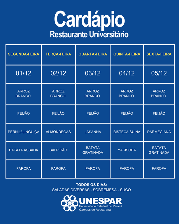 Restaurante Universitário - Cardápio e Horário de Atendimento da Semana