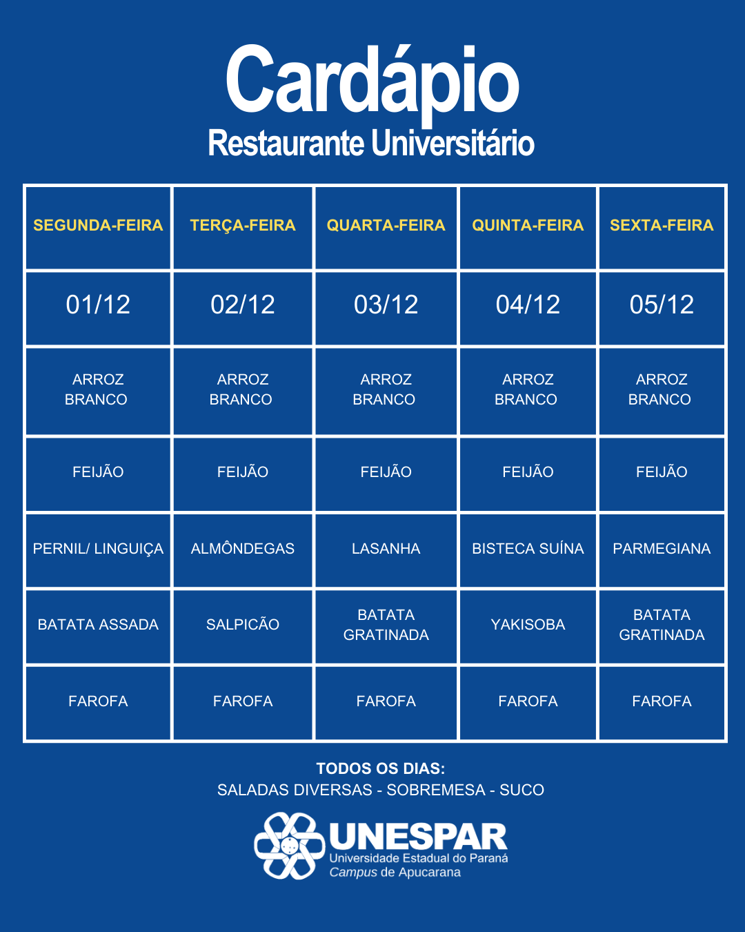 Restaurante Universitário - Cardápio e Horário de Atendimento da Semana