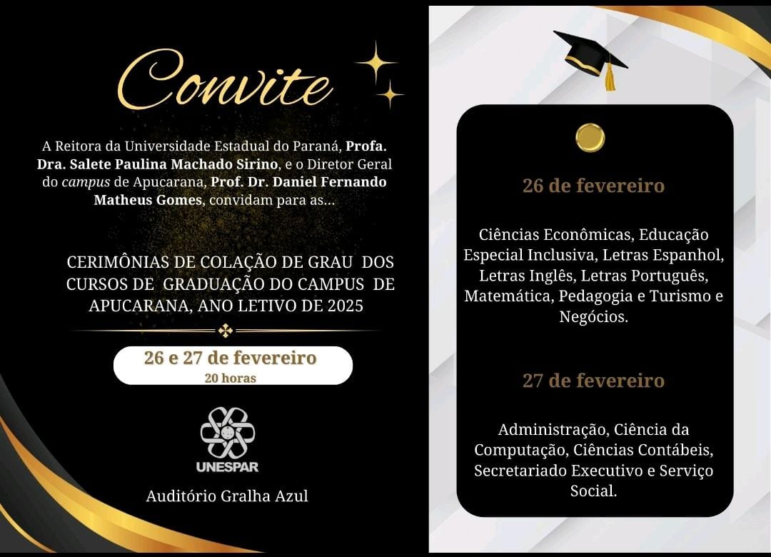 Unespar Campus Apucarana realiza Cerimônias de Colação de Grau nos dias 26 e 27 de fevereiro