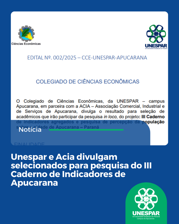 Unespar e Acia divulgam selecionados para pesquisa do III Caderno de Indicadores de Apucarana